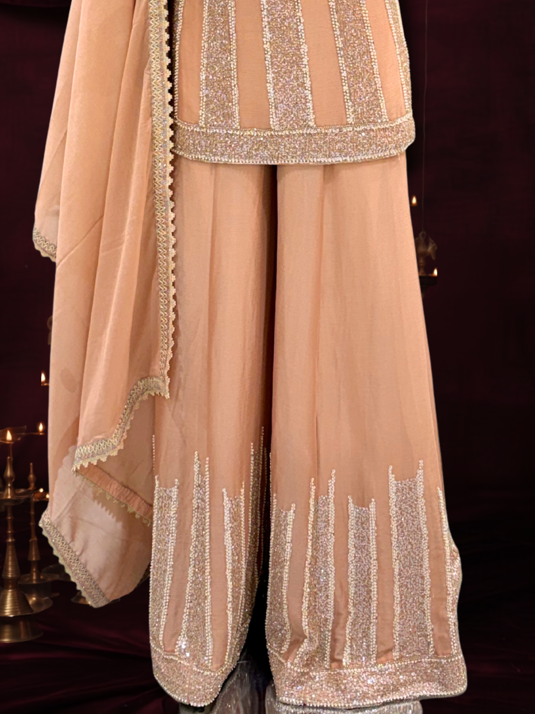 Sequin Embroidered Striped Kurta with Palazzo Set in Peach