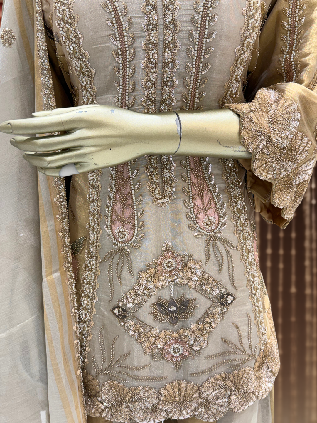 Dual-Tone Embroidered Kurta with Sharara Set in Beige Gold