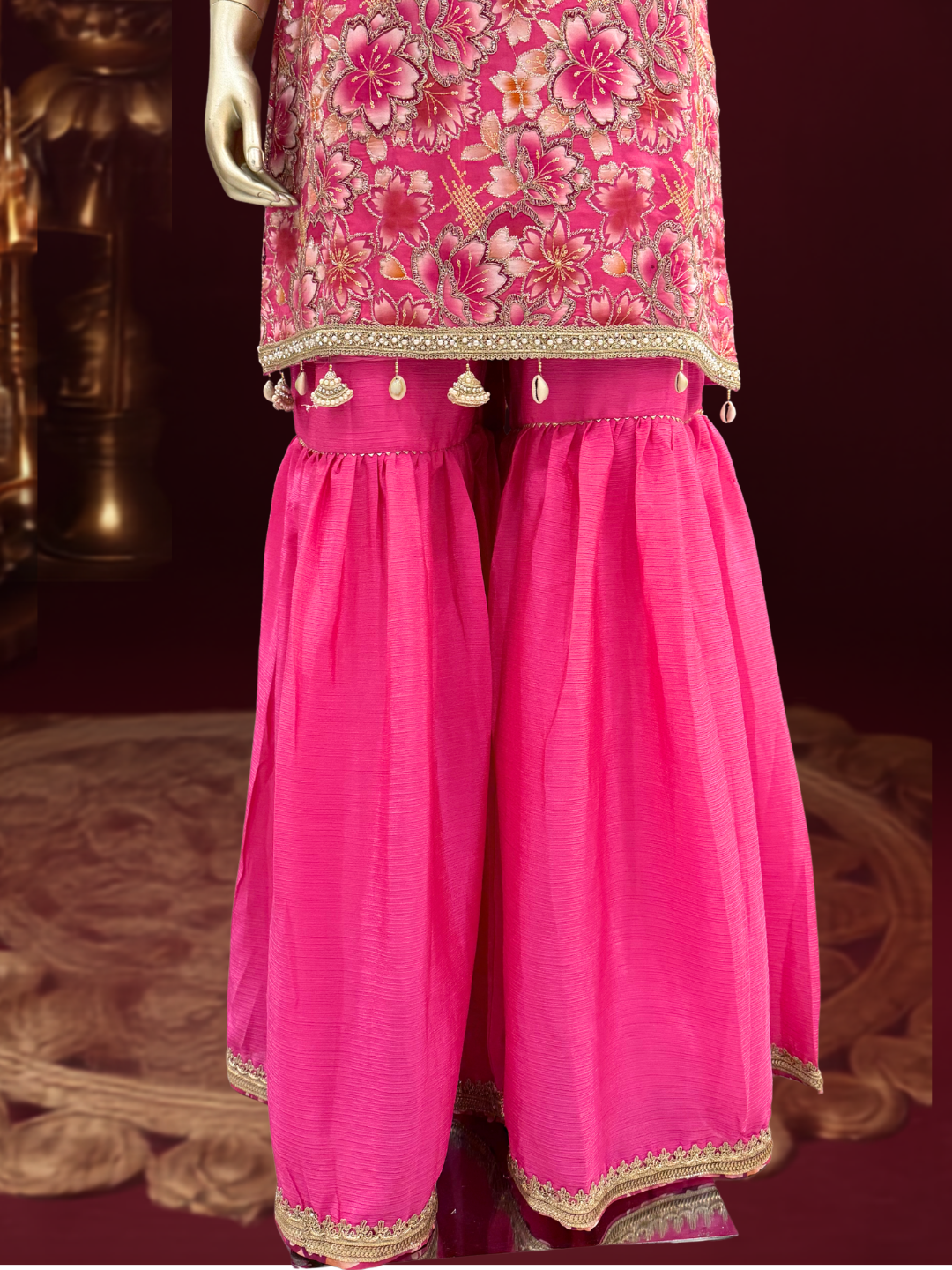Floral Brocade Sleeveless Kurta with Sharara Set in Rani Pink