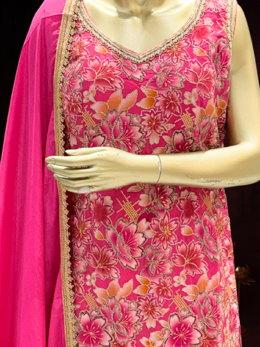Floral Brocade Sleeveless Kurta with Sharara Set in Rani Pink