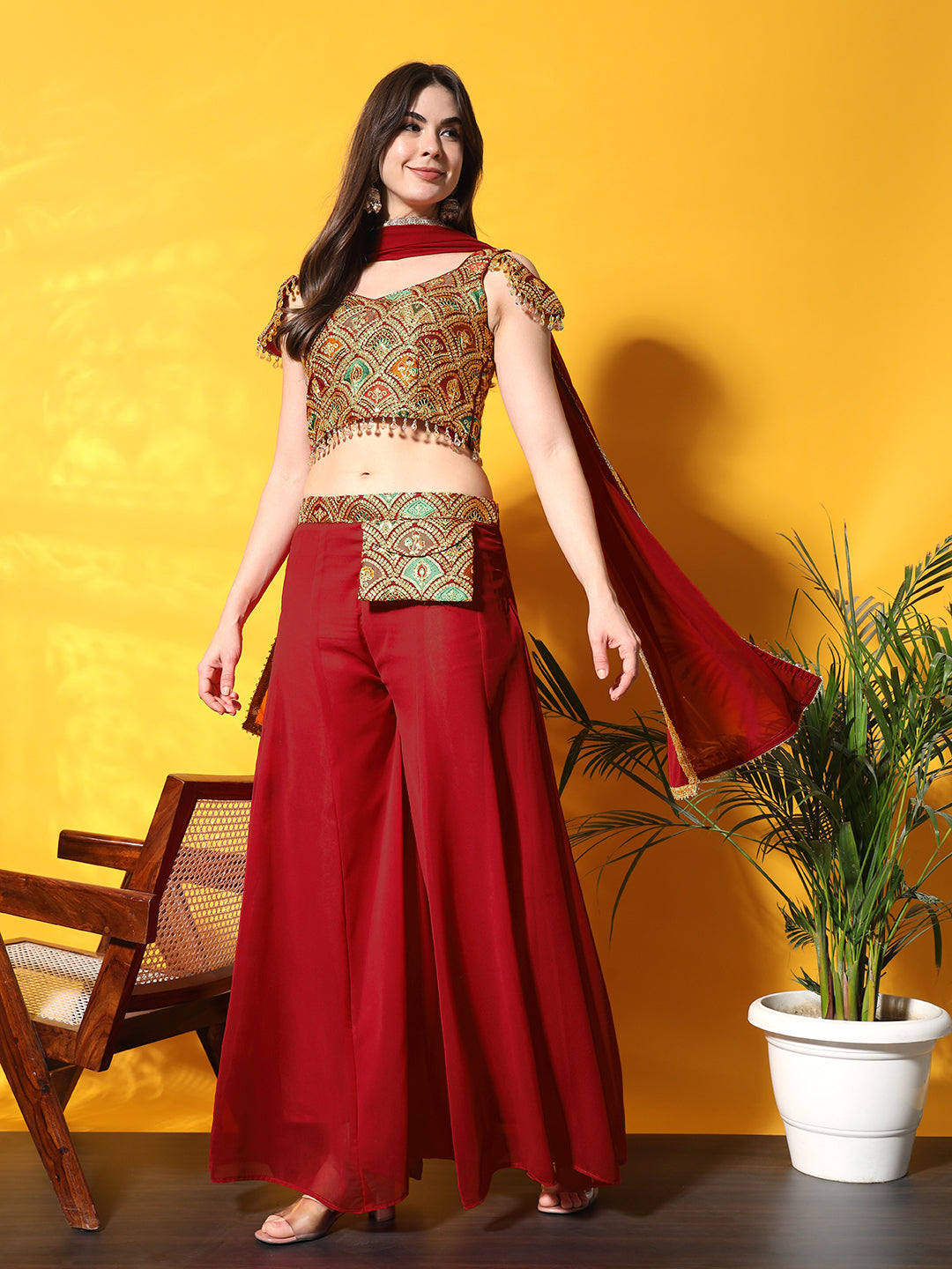 Chhabra 555 Resham Zari Embroidered Co-ord Set with Tassled Cold-Shoulder Crop top & Stylish Pocket
