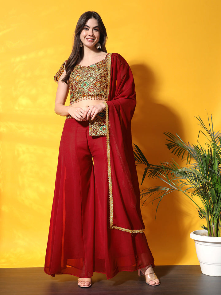 Resham Zari Embroidered Co-ord Set with Tassled Cold-Shoulder Crop top & Stylish Pocket