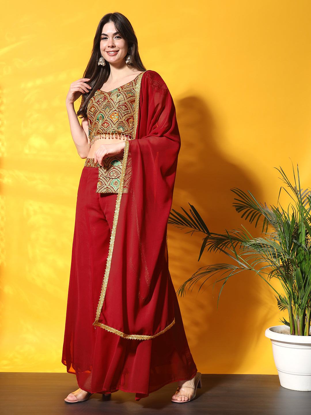 Resham Zari Embroidered Co-ord Set with Tassled Cold-Shoulder Crop top & Stylish Pocket