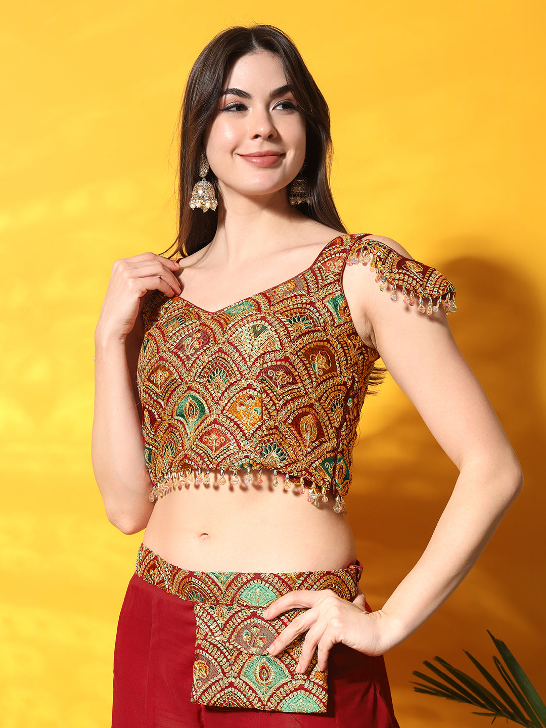 Resham Zari Embroidered Co-ord Set with Tassled Cold-Shoulder Crop top & Stylish Pocket