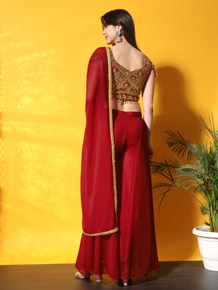 Resham Zari Embroidered Co-ord Set with Tassled Cold-Shoulder Crop top & Stylish Pocket
