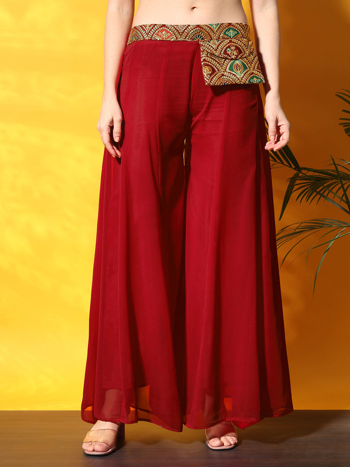 Resham Zari Embroidered Co-ord Set with Tassled Cold-Shoulder Crop top & Stylish Pocket