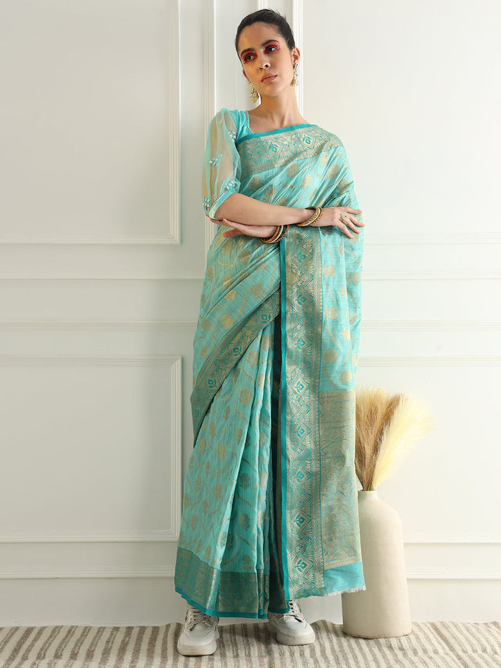 Floral Banarasi Silk Saree with Zari woven pattern Contrast Border