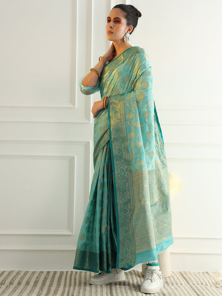 Floral Banarasi Silk Saree with Zari woven pattern Contrast Border