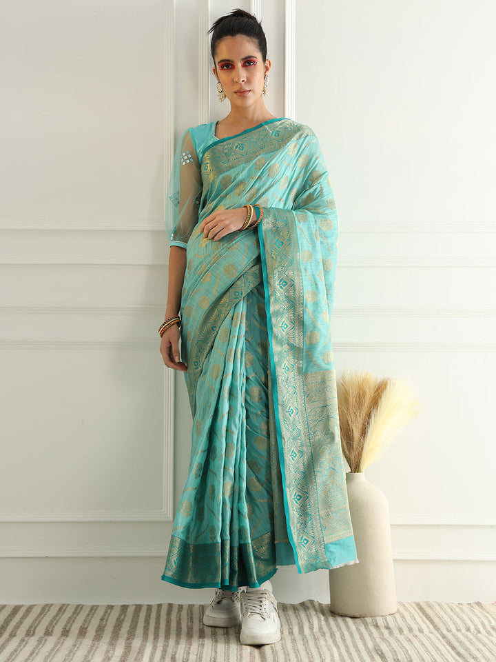 Floral Banarasi Silk Saree with Zari woven pattern Contrast Border