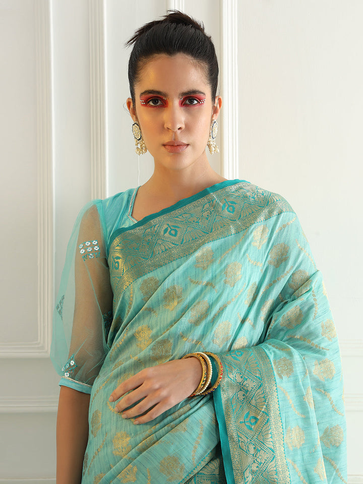 Floral Banarasi Silk Saree with Zari woven pattern Contrast Border