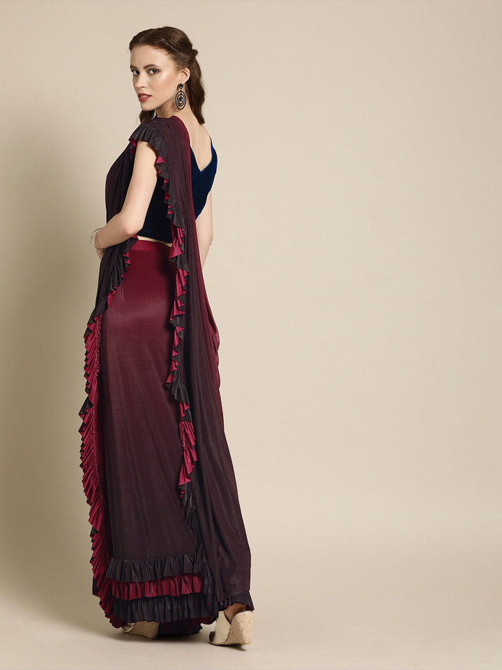 Ruffled Pre-Draped Ombre Lycra Saree with Frills and Velvet Crystal Embellished Blouse