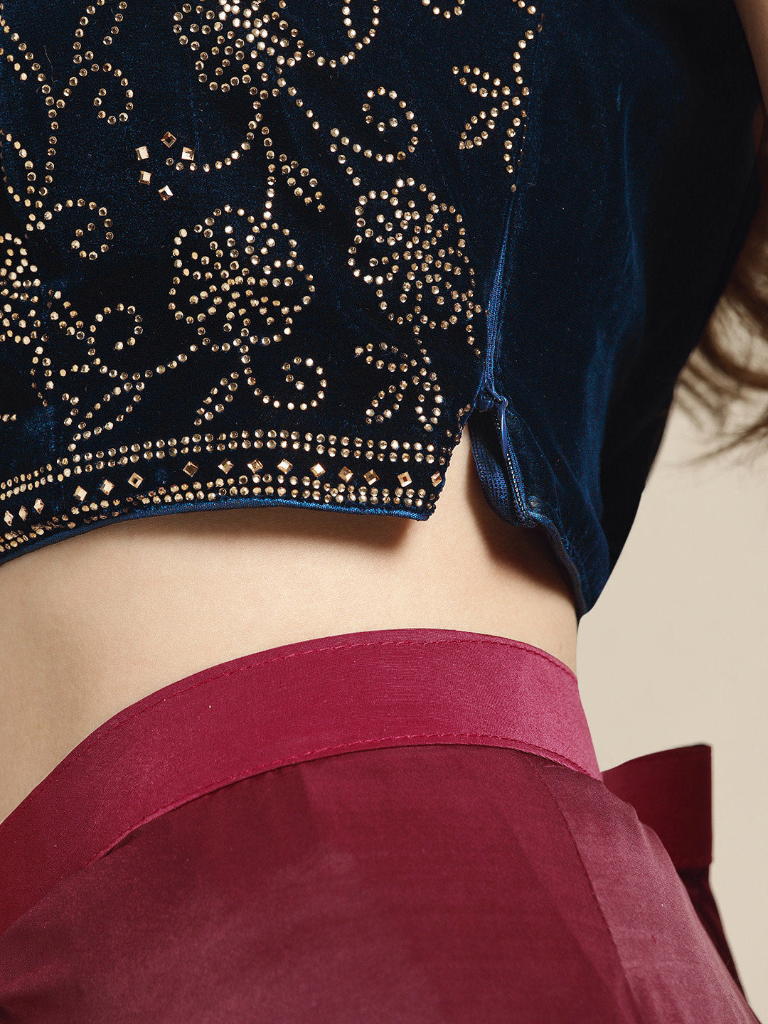 Ruffled Pre-Draped Ombre Lycra Saree with Frills and Velvet Crystal Embellished Blouse