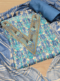 Chhabra 555 Summer Pastel Suit Dupatta with Tropical Pattern and Zari Resham Embroidered Neck line 