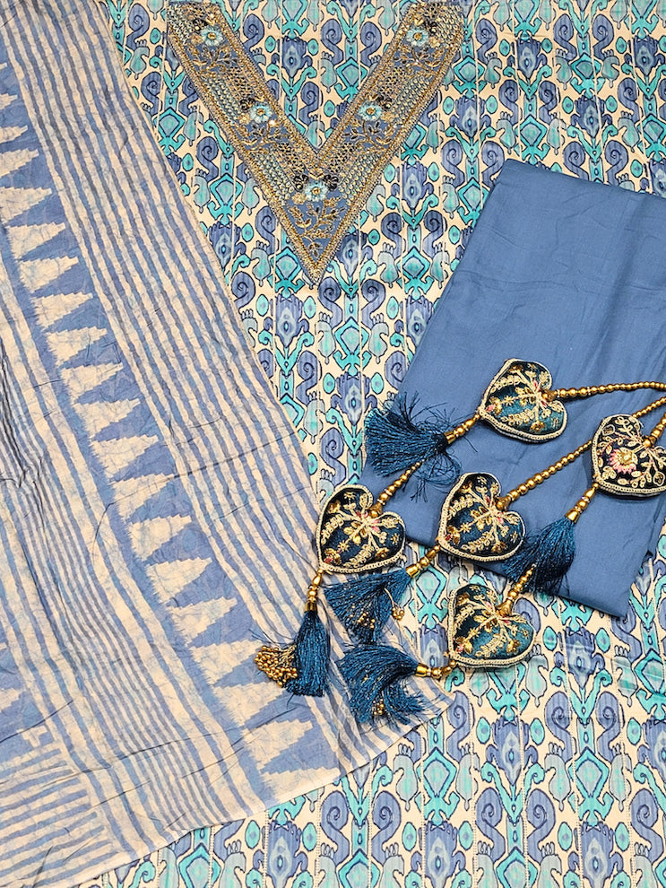 Summer Pastel Suit Dupatta with Tropical Pattern and Zari Resham Embroidered Neck line