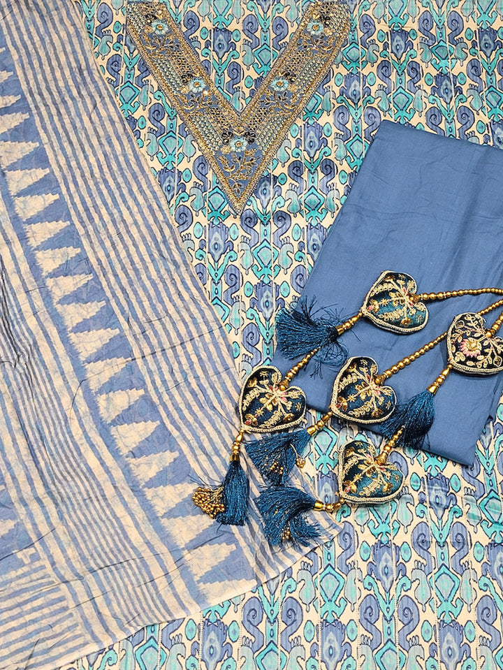 Summer Pastel Suit Dupatta with Tropical Pattern and Zari Resham Embroidered Neck line