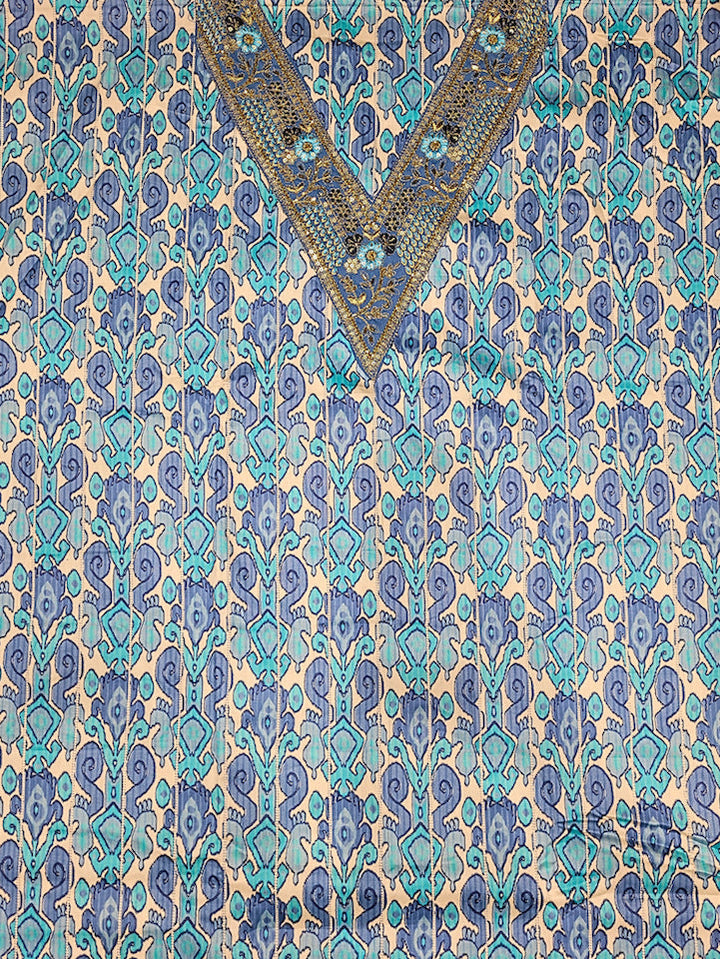 Summer Pastel Suit Dupatta with Tropical Pattern and Zari Resham Embroidered Neck line