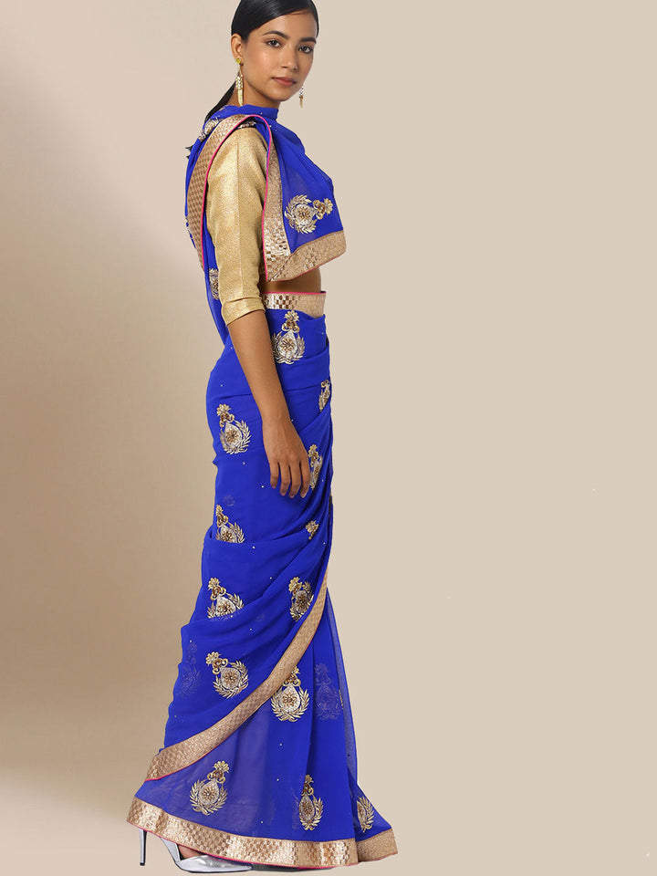 Blue Zari Embroidered Mughal Motif Georgette Saree