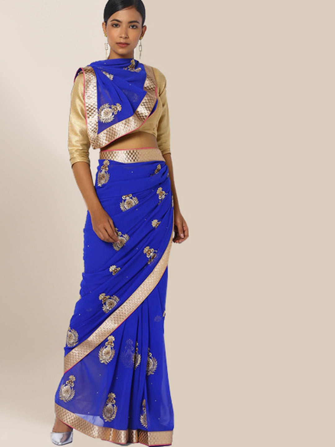 Blue Zari Embroidered Mughal Motif Georgette Saree