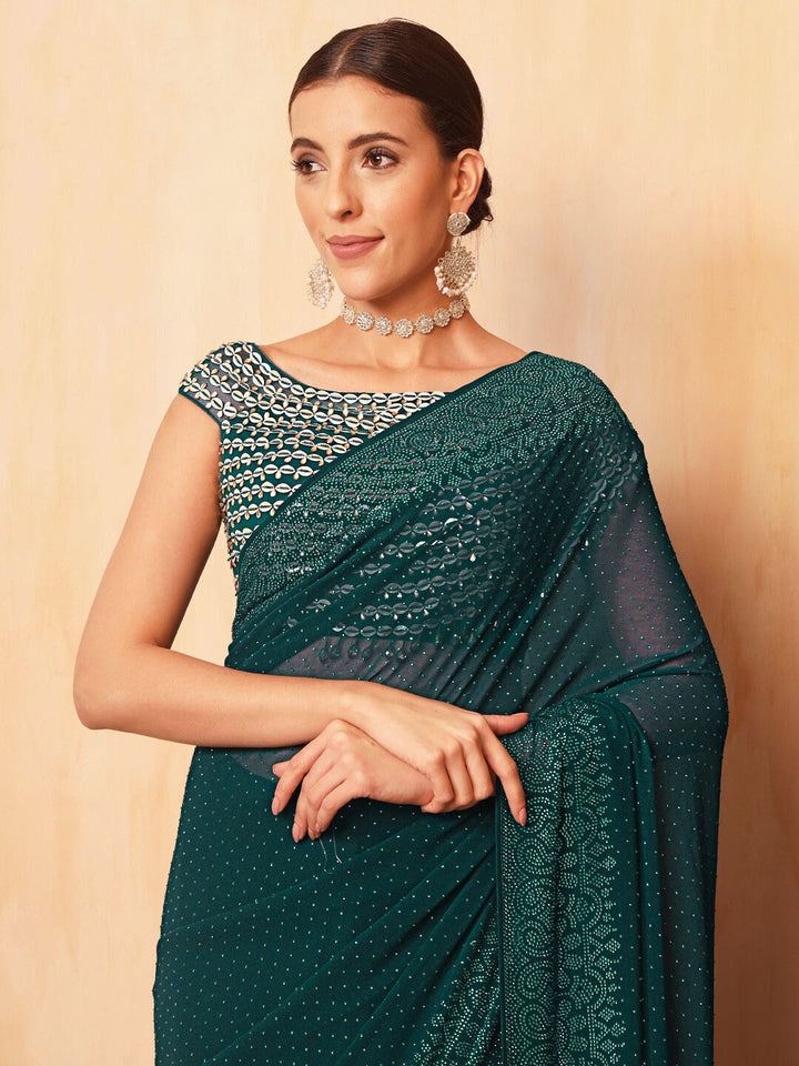 Teal Georgette Cocktail Bling Saree with Hundreds of Crystal Embellishments