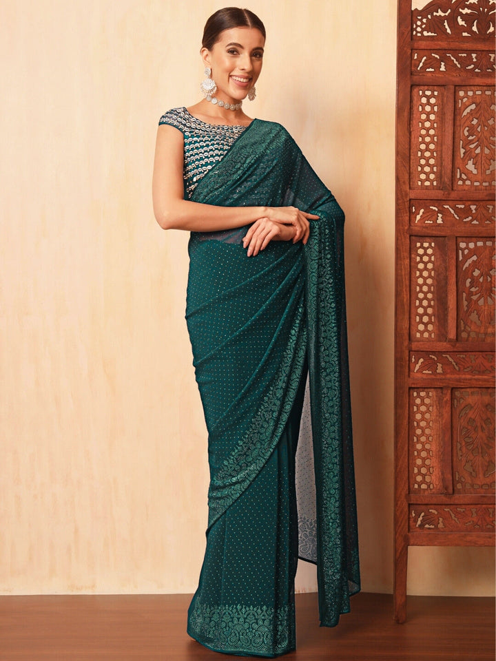 Teal Georgette Cocktail Bling Saree with Hundreds of Crystal Embellishments