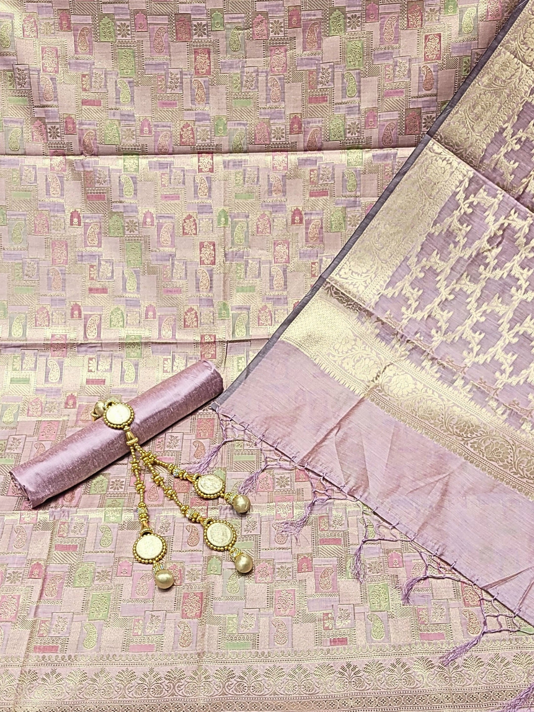 Meeanakari Weaving Banarasi Handloom Dress Material with Checked Paisley Motifs