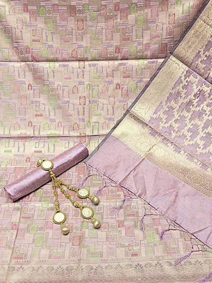 Meeanakari Weaving Banarasi Handloom Dress Material with Checked Paisley Motifs