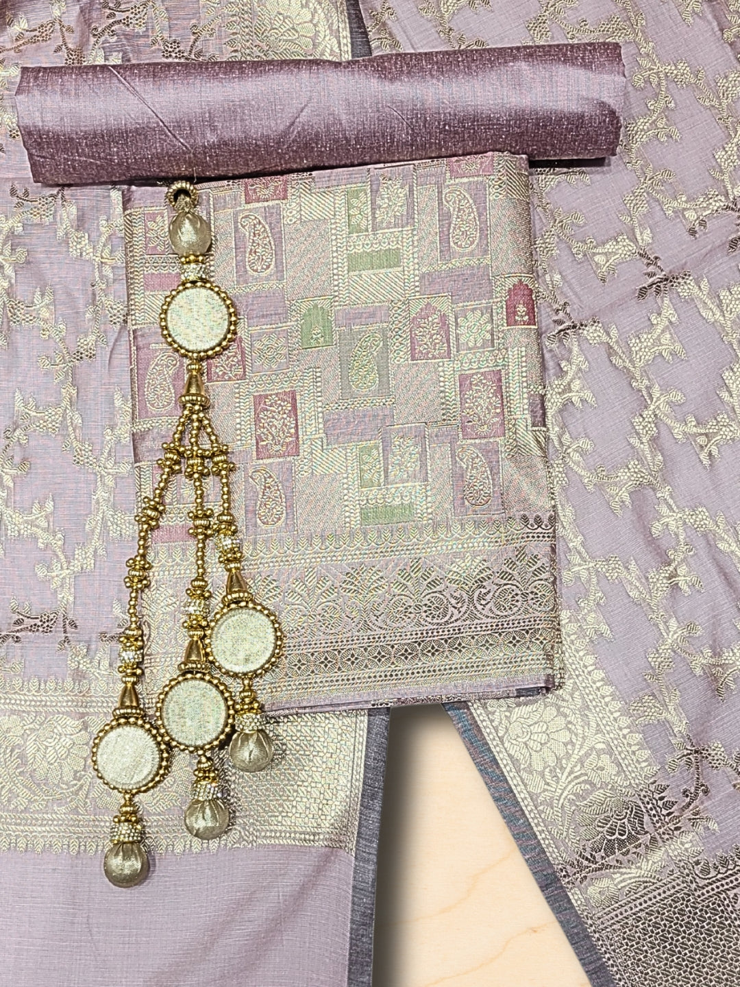 Meeanakari Weaving Banarasi Handloom Dress Material with Checked Paisley Motifs