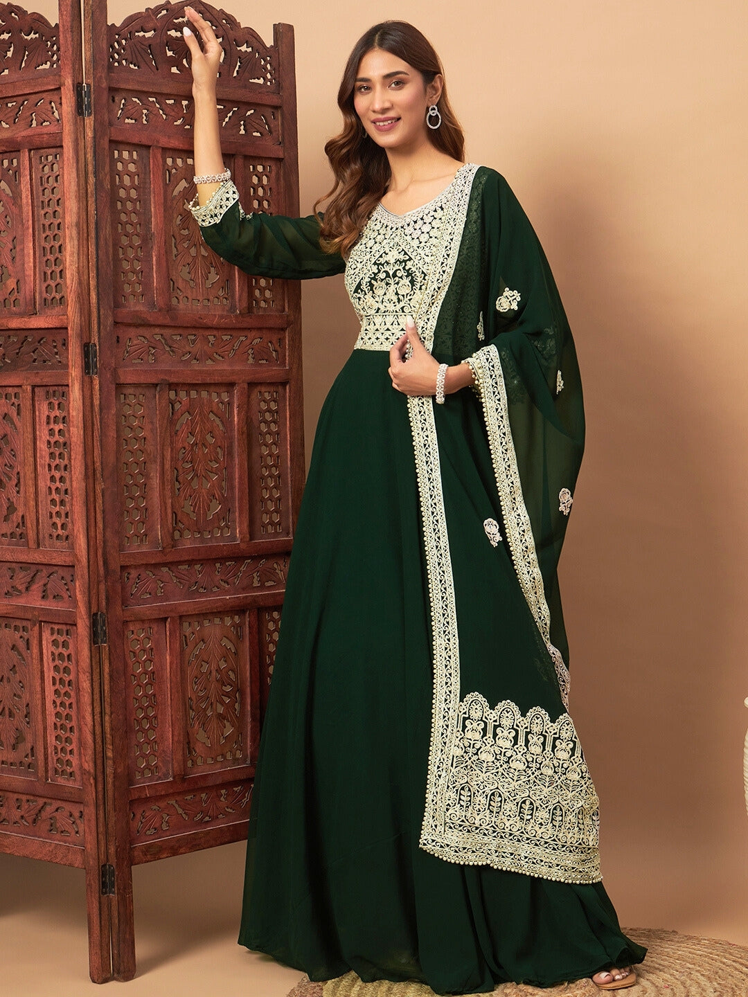Chhabra 555 Mirror Embellished Georgette Flared Gown with Resham Aari Embroidered Dupatta