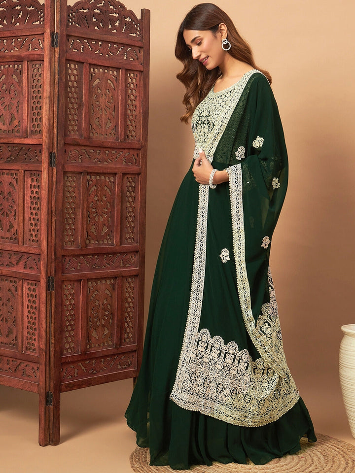 Chhabra 555 Mirror Embellished Georgette Flared Gown with Resham Aari Embroidered Dupatta