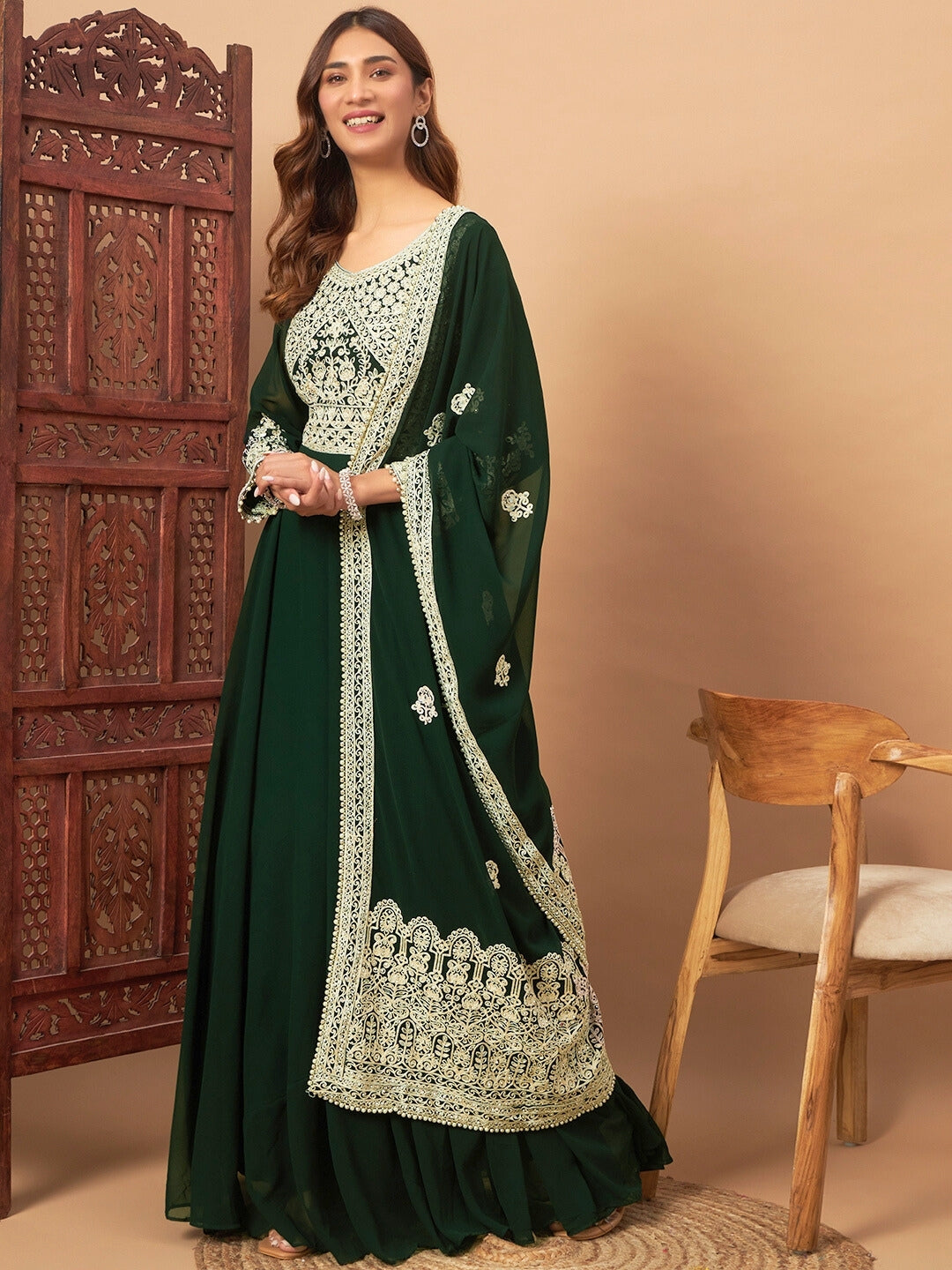 Chhabra 555 Mirror Embellished Georgette Flared Gown with Resham Aari Embroidered Dupatta