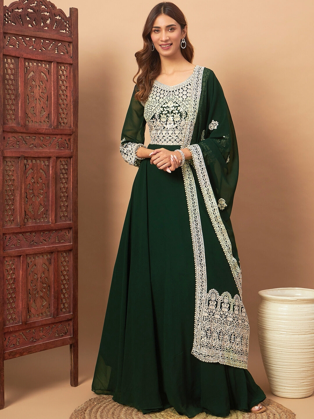 Chhabra 555 Mirror Embellished Georgette Flared Gown with Resham Aari Embroidered Dupatta