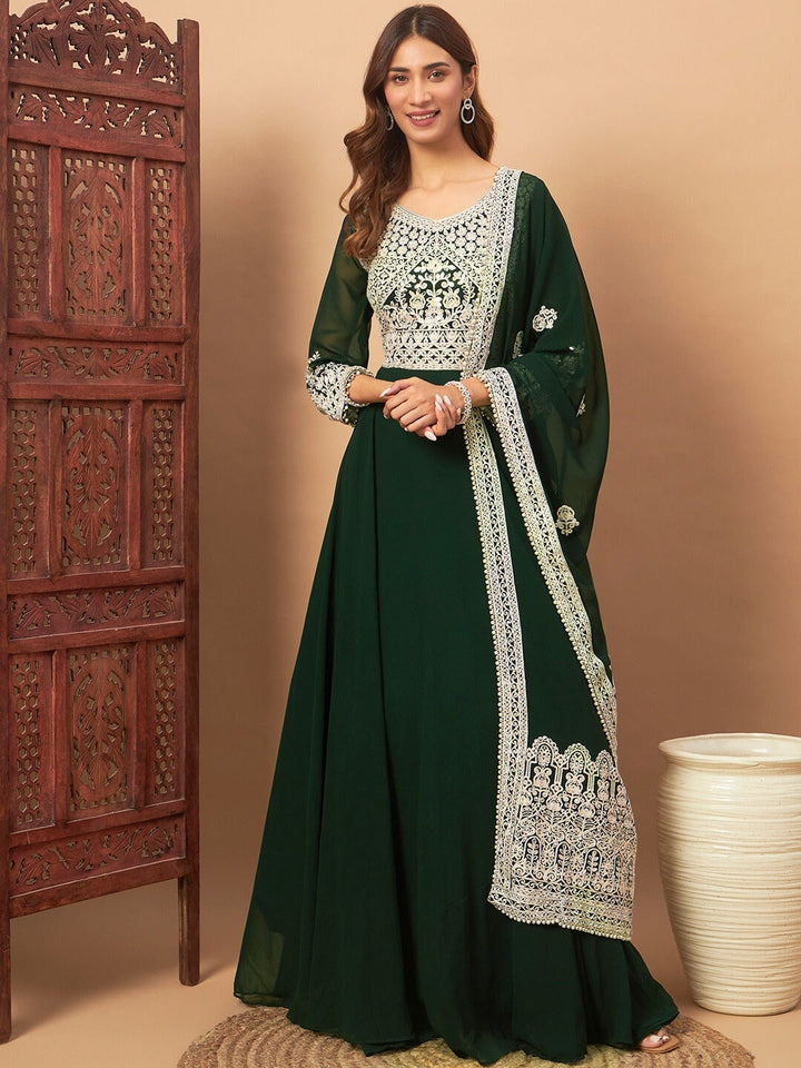 Chhabra 555 Mirror Embellished Georgette Flared Gown with Resham Aari Embroidered Dupatta