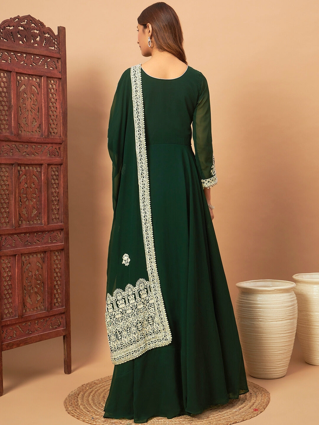 Chhabra 555 Mirror Embellished Georgette Flared Gown with Resham Aari Embroidered Dupatta