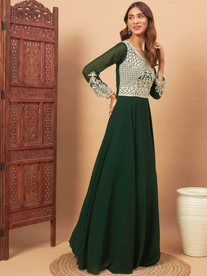 Chhabra 555 Mirror Embellished Georgette Flared Gown with Resham Aari Embroidered Dupatta