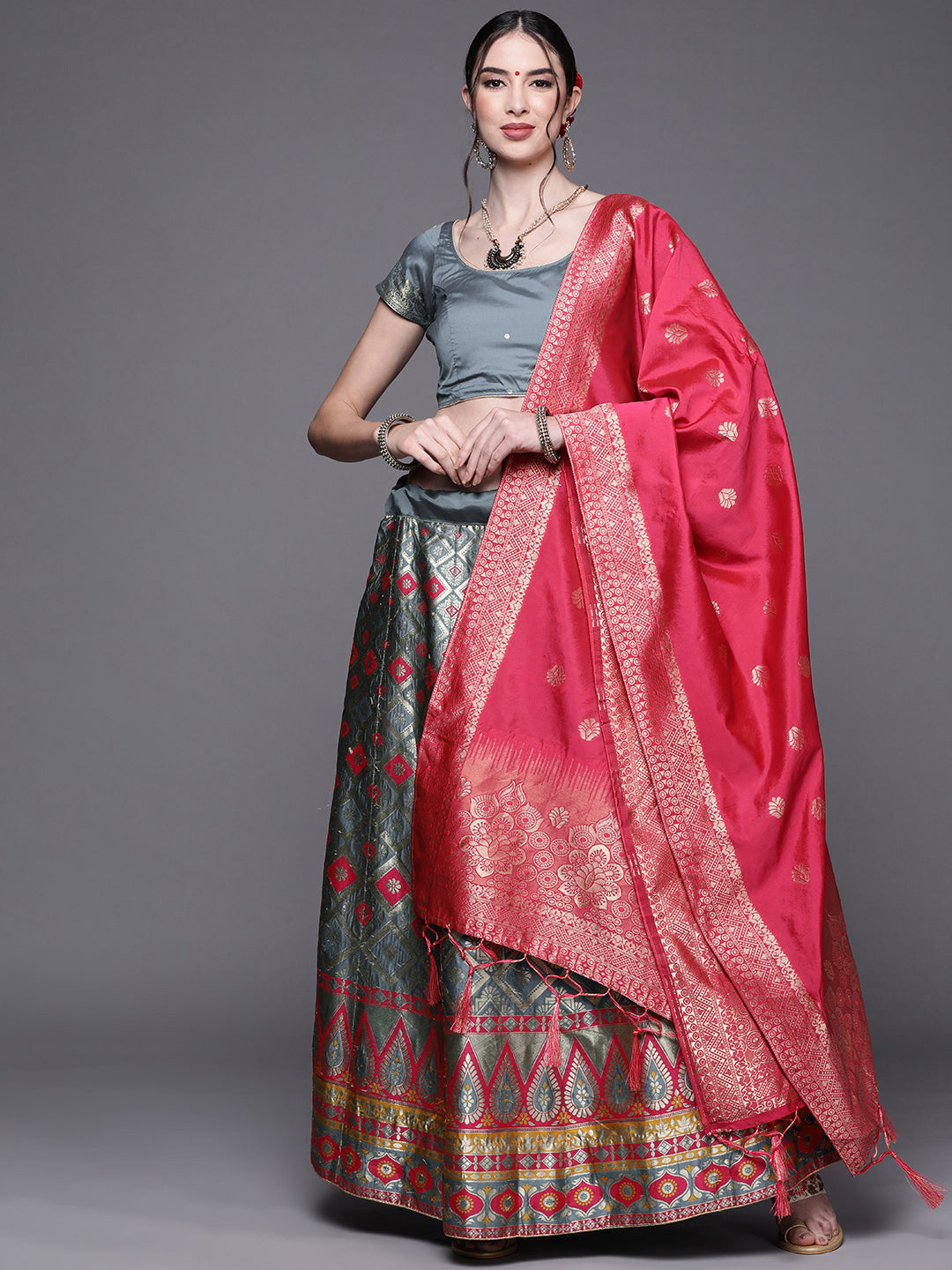Grey Banarasi Brocade Silk Lehenga with Zari & Resham Weaving