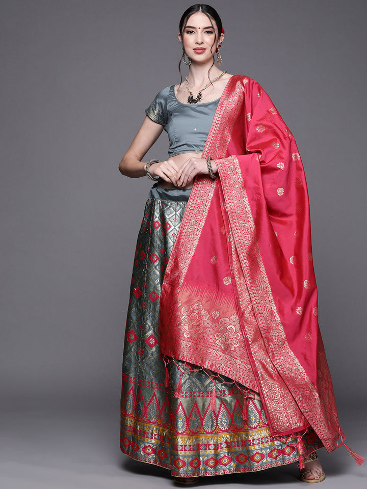 Grey Banarasi Brocade Silk Lehenga with Zari & Resham Weaving