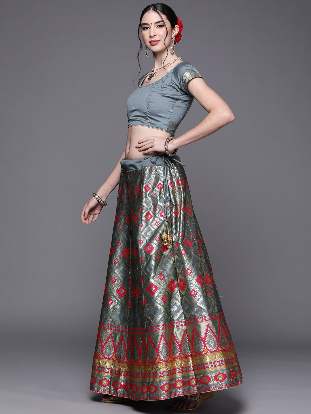 Grey Banarasi Brocade Silk Lehenga with Zari & Resham Weaving