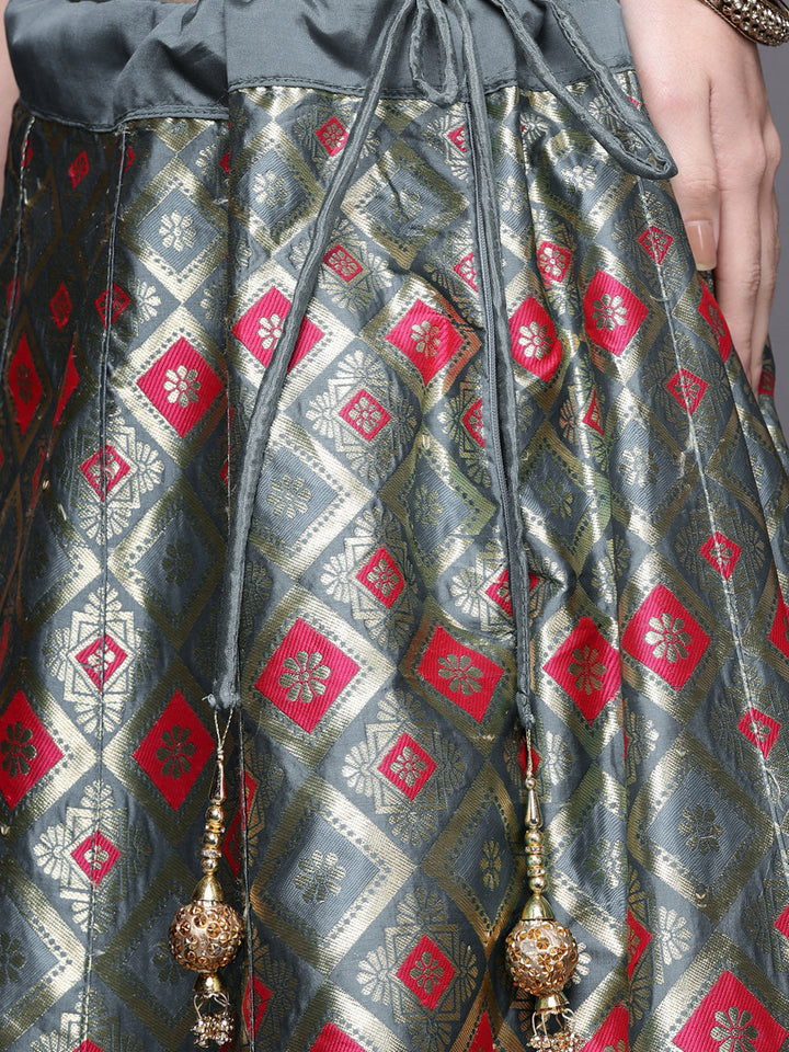 Grey Banarasi Brocade Silk Lehenga with Zari & Resham Weaving