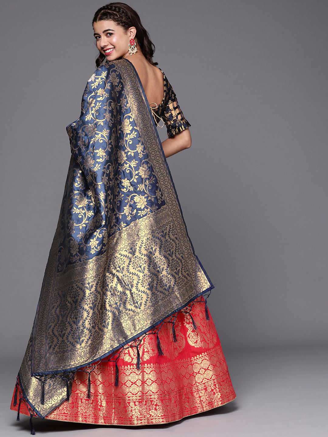 Magenta Semi Stitched Banarasi Brocade Silk Lehenga Choli & Mughal Inspired Zari Weaving