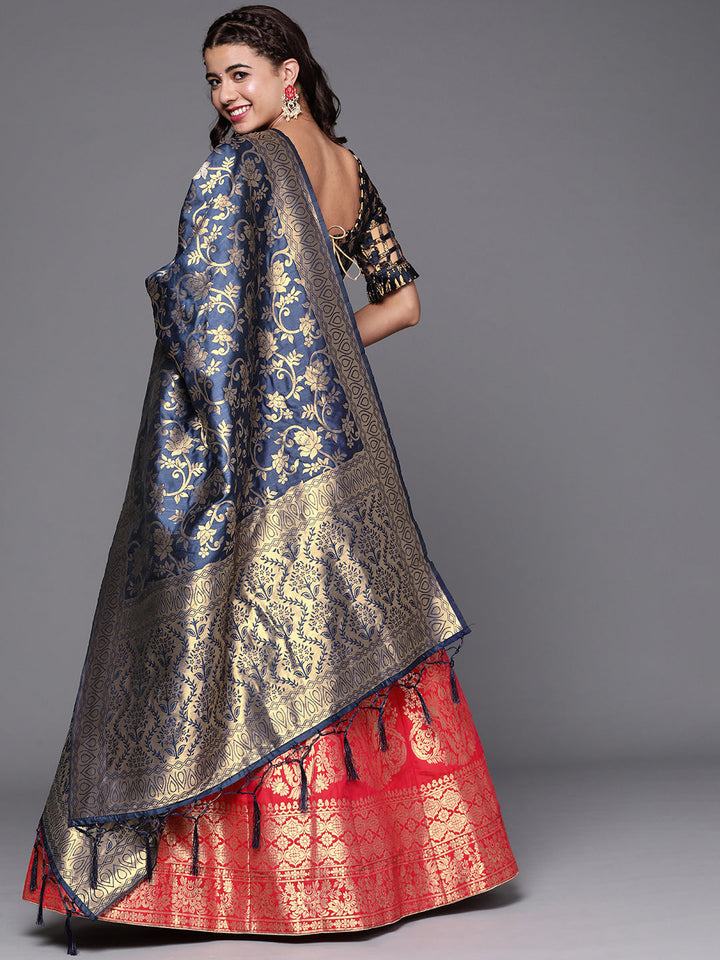 Magenta Semi Stitched Banarasi Brocade Silk Lehenga Choli & Mughal Inspired Zari Weaving