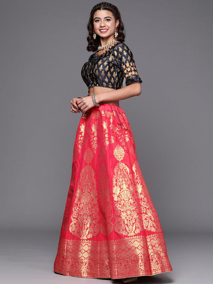 Magenta Semi Stitched Banarasi Brocade Silk Lehenga Choli & Mughal Inspired Zari Weaving