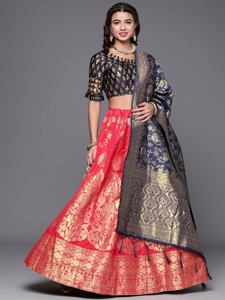 Magenta Semi Stitched Banarasi Brocade Silk Lehenga Choli & Mughal Inspired Zari Weaving