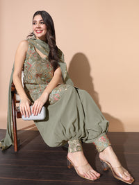 Mehndi Green Resham Embroidered Pathani Kurta Set with Afghan Salwar