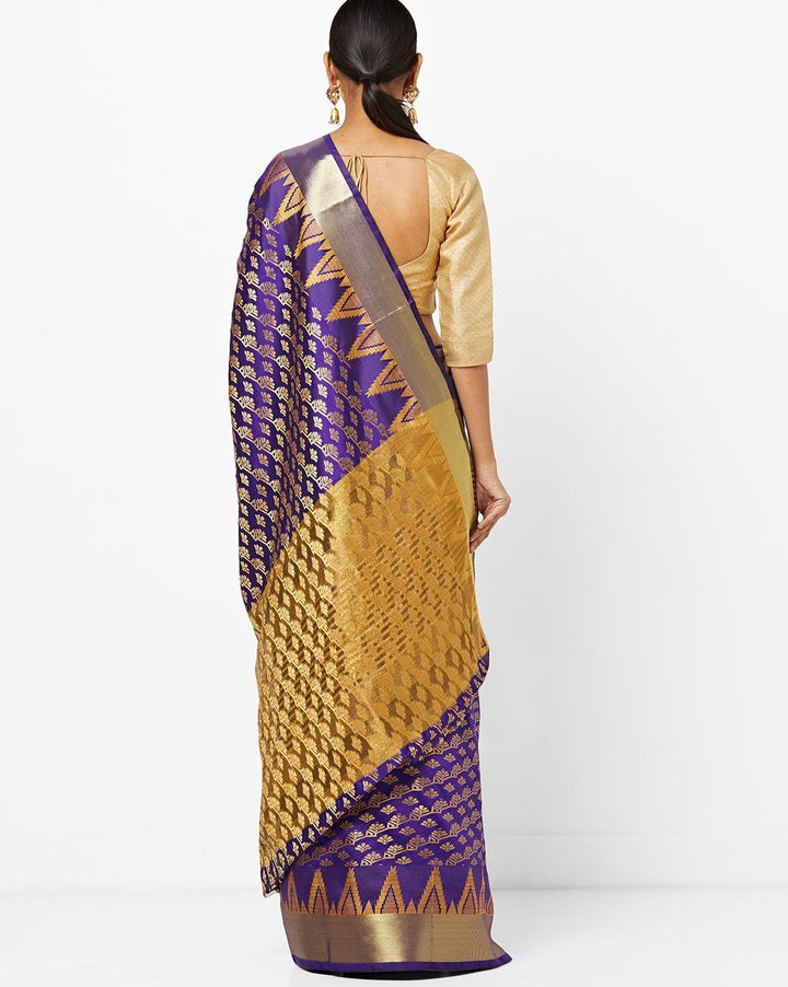 Banarasi Silk  Handloom Saree With Golden Zari Weaving and Ethnic Woven Temple Border