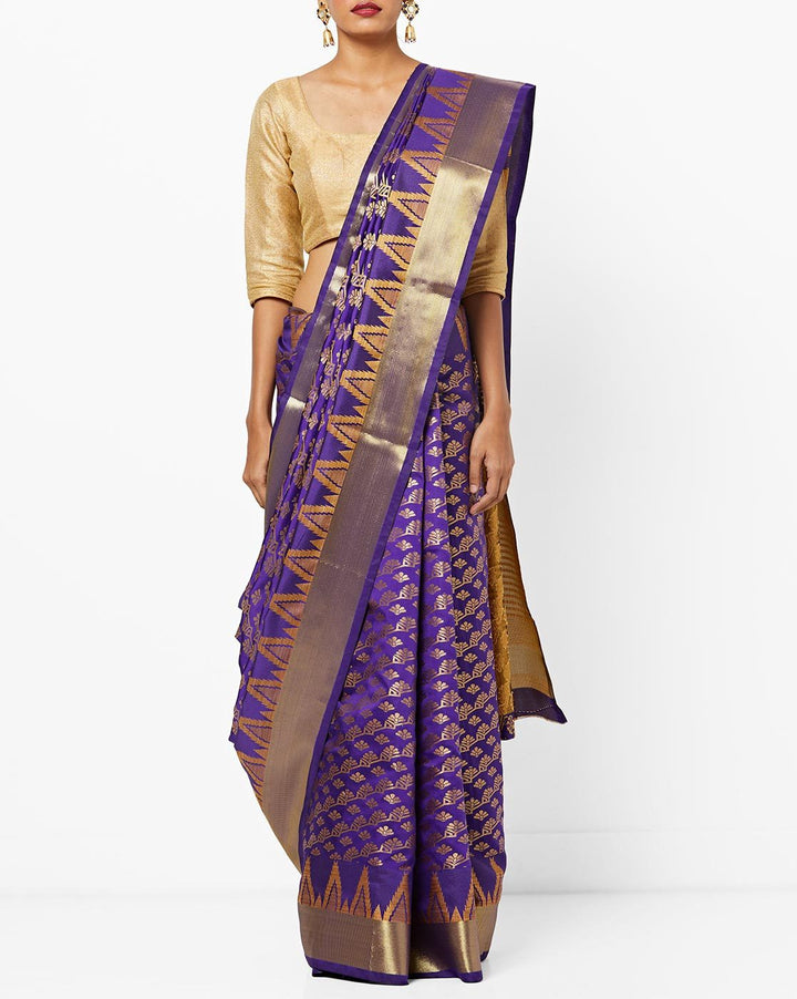 Banarasi Silk  Handloom Saree With Golden Zari Weaving and Ethnic Woven Temple Border