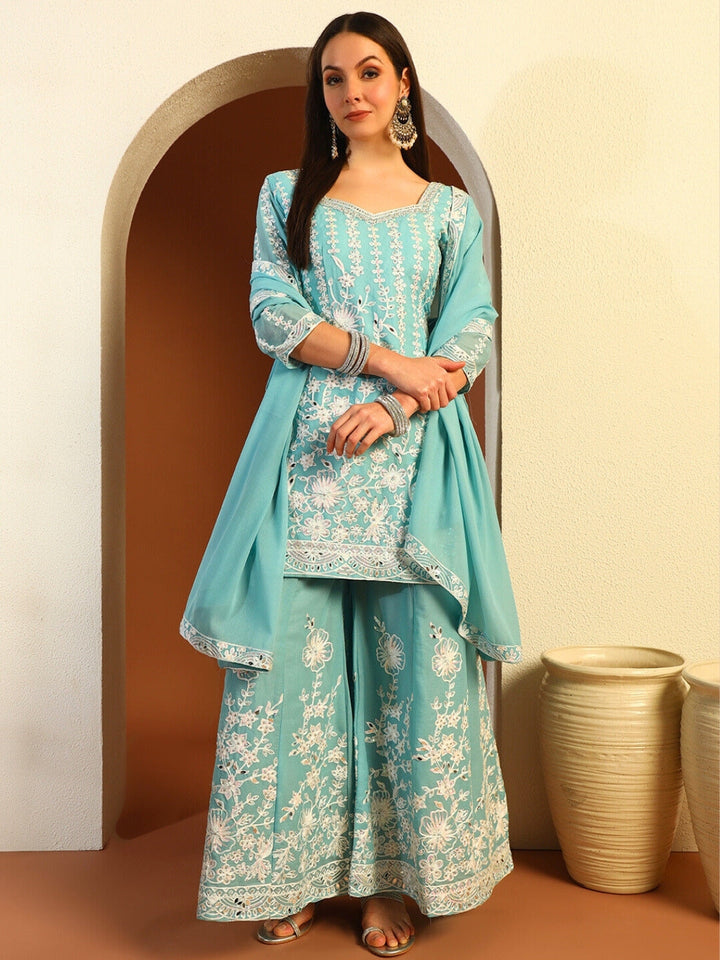 Resham & Sequin Embroidered Kurta Set with Kalidar Pallazo & Crystal Embellishments