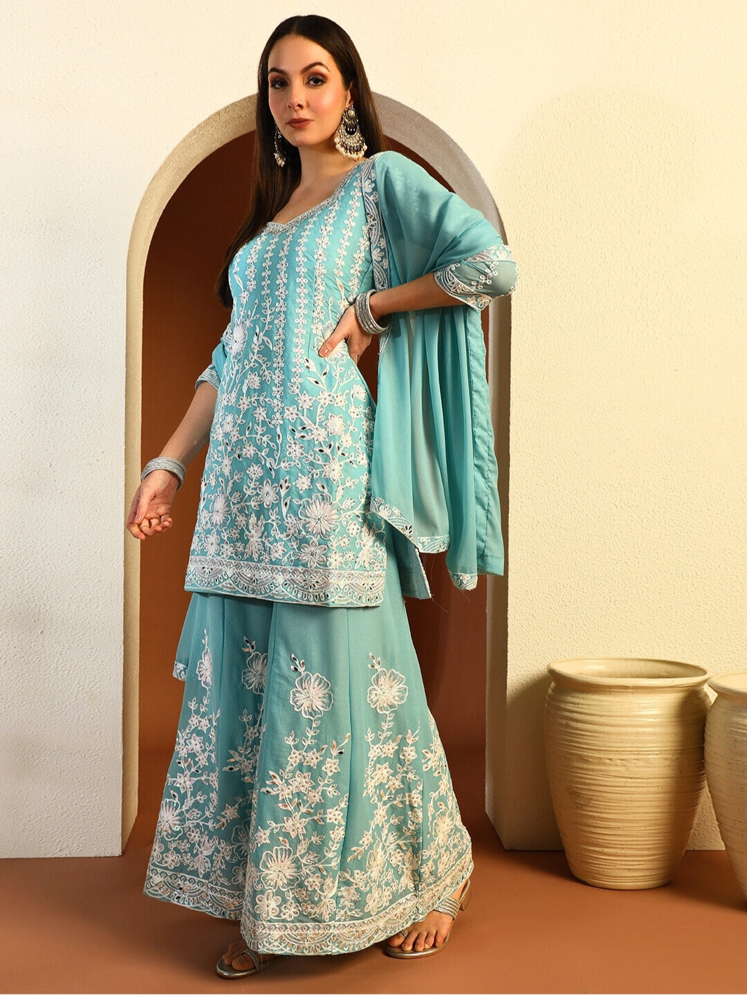 Resham & Sequin Embroidered Kurta Set with Kalidar Pallazo & Crystal Embellishments