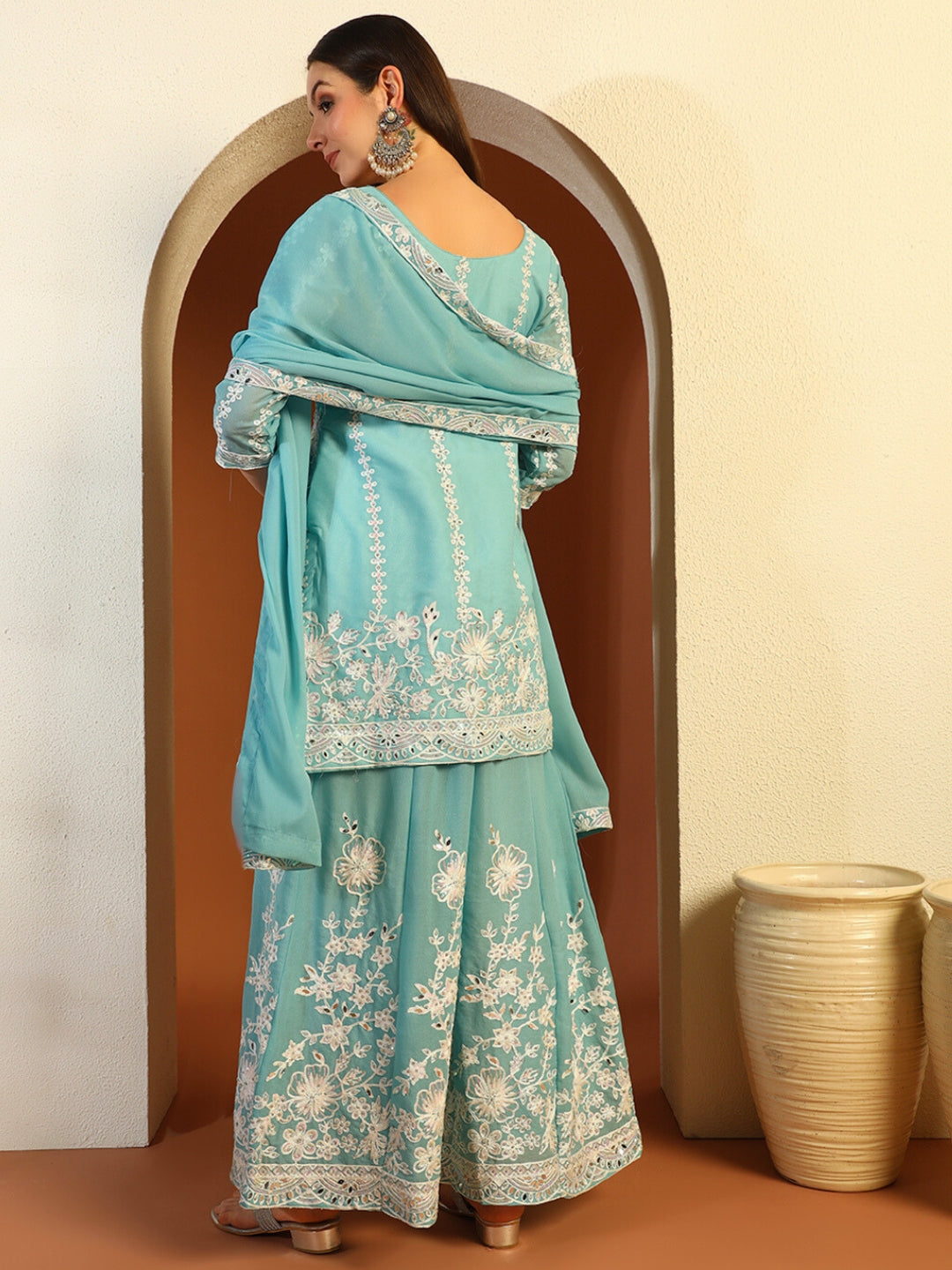 Resham & Sequin Embroidered Kurta Set with Kalidar Pallazo & Crystal Embellishments