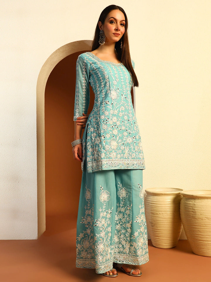 Resham & Sequin Embroidered Kurta Set with Kalidar Pallazo & Crystal Embellishments