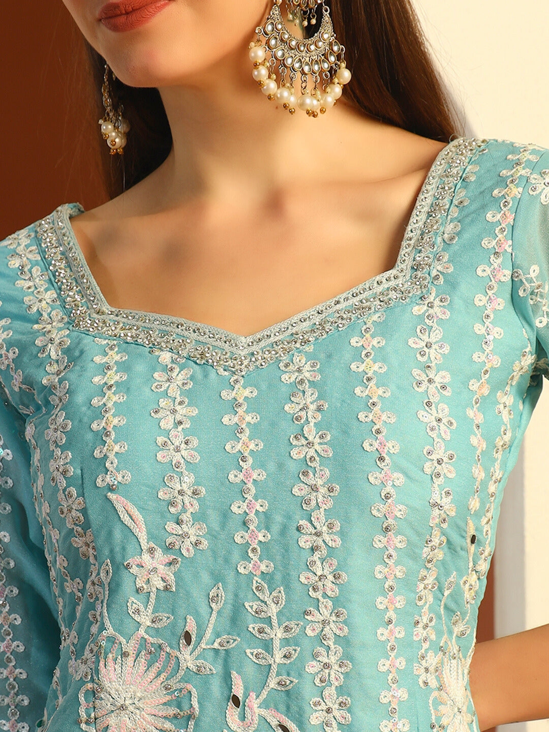 Resham & Sequin Embroidered Kurta Set with Kalidar Pallazo & Crystal Embellishments